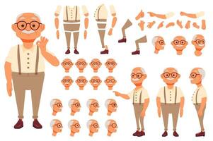 Grandfather character constructor for animation with parts set. Customized people collection with elderly man poses, facial expressions heads with glasses, gesturing arms, more. illustration. vector