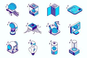 Artificial intelligence concept 3d isometric icons set for web isometry design. Collection elements of smart robot brains, intellect engineering, ai, machine learning, chip, more. illustration. vector