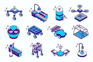 Agriculture robotization concept 3d isometric icons set for web isometry design. Collection elements of drone, conveyor belt with robotic arms, robot technology, automation, more. illustration. vector