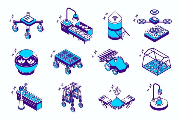 Agriculture robotization concept 3d isometric icons set for web isometry design. Collection elements of drone, conveyor belt with robotic arms, robot technology, automation, more. illustration.
