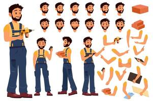 Builder character constructor for animation with parts set. Customized people collection with handyman poses, facial expressions heads, arms with tools, bricks, blueprint, more. illustration. vector