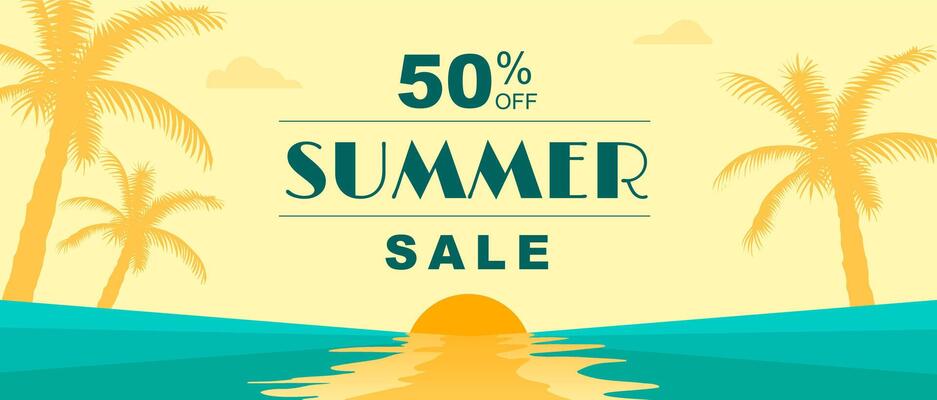 Summer horizontal sale banner. Shopping promotion poster template with retro tropical sunset with palm tree silhouettes, ocean and sun. Seasonal cover layout with island vacation. illustration.