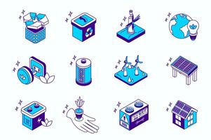 Clean energy concept 3d isometric icons set for web isometry design. Collection elements of recycling, wind turbine, global electricity, battery, solar panel, smart home, more. illustration. vector