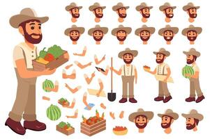 Farmer character constructor for animation with parts set. Customized people collection with man poses, facial expressions heads in hats, arms holding harvest, vegetables, more. illustration. vector