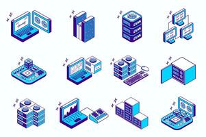 Data center concept 3d isometric icons set for web isometry design. Collection elements of laptop processing, hardware infrastructure, rack system, connection, computing, more. illustration. vector