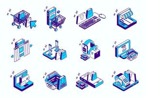 Online shopping concept 3d isometric icons set for web isometry design. Collection elements of order in cart, credit card payment, sale in store, internet shop, e-commerce, more. illustration. vector