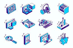 Accounting and auditing concept 3d isometric icons set for web isometry design. Collection elements of finance in bank safe, folders, calculator, money in wallet, charts, more. illustration. vector