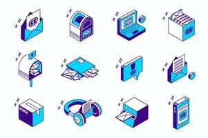 Email service concept 3d isometric icons set for web isometry design. Collection elements of letter envelope, mailbox, internet message, contact, mail, connection, support, more. illustration. vector