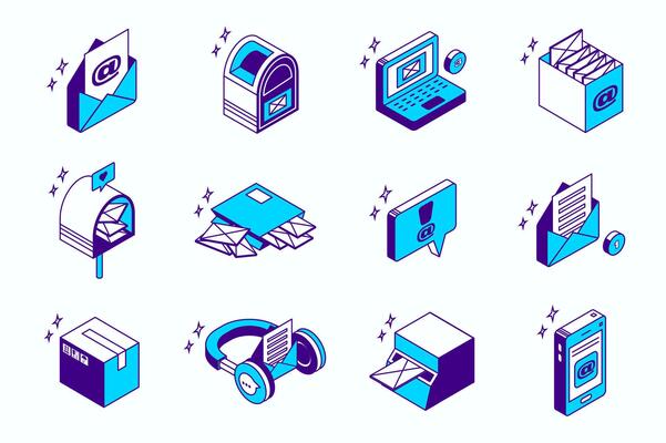Email service concept 3d isometric icons set for web isometry design. Collection elements of letter envelope, mailbox, internet message, contact, mail, connection, support, more. illustration.
