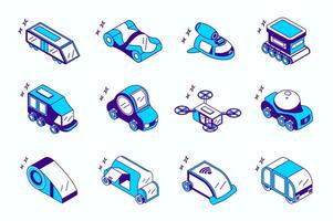 Autonomous vehicles concept 3d isometric icons set for web isometry design. Collection elements of driverless train, electric car, flying drone, wireless smart transport, more. illustration. vector