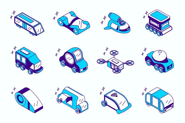 Autonomous vehicles concept 3d isometric icons set for web isometry design. Collection elements of driverless train, electric car, flying drone, wireless smart transport, more. illustration.