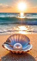 A pearl in a shell on the beach at sunset photo