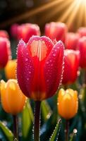 Red and yellow tulips with water droplets on them photo