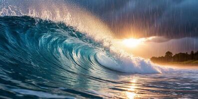 A wave breaking on the ocean at sunset photo
