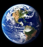 Earth viewed from space showing the Western Hemisphere, with North and South America prominently visible photo