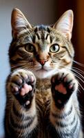 A cat is standing up with its paws up photo