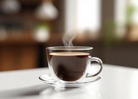 A cup of coffee on a table with a wooden background photo