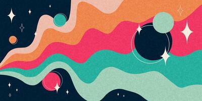 Retro space banner, abstract flat milky way striped path with planets, stars and grainy texture. Abstract cosmos wallpaper with bright colors. illustration. vector