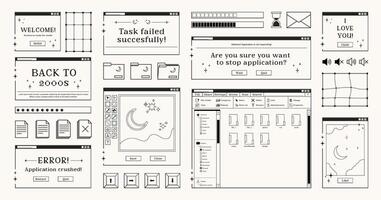 Set of retro computer windows and dialogue screens, buttons, documents and folders symbols, interfaces and loading bars in 2000s aesthetics. illustration and graphic design elements. vector