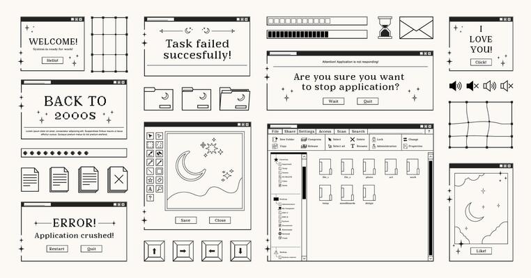 Set of retro computer windows and dialogue screens, buttons, documents and folders symbols, interfaces and loading bars in 2000s aesthetics. illustration and graphic design elements.