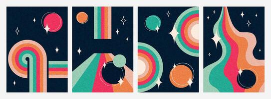 Cosmic retro posters and y2k space backgrounds with striped abstract elements and planet drawings with stars and blinks. illustration. vector
