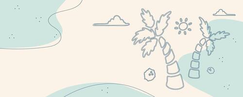Beach line art background with abstract water waves, palm trees, sun and coconuts. Leisure banner, ocean resort advertise. illustration. vector
