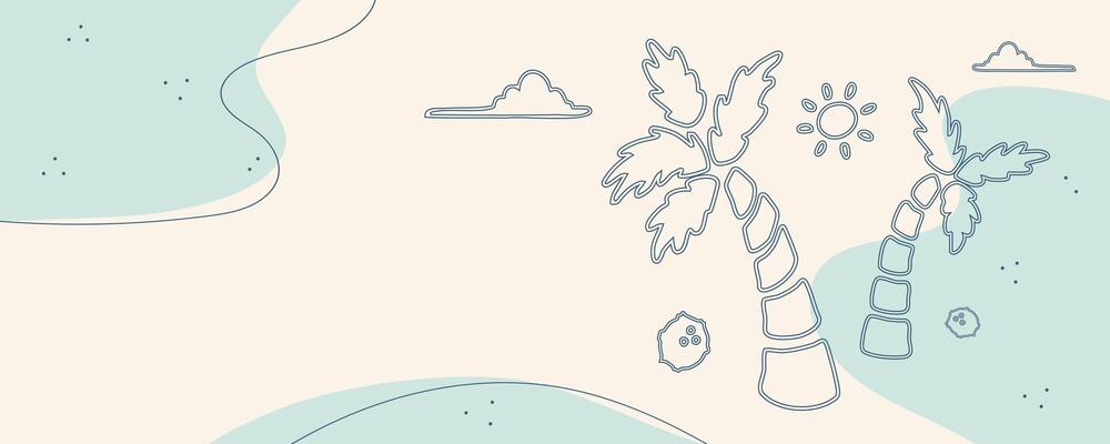 Beach line art background with abstract water waves, palm trees, sun and coconuts. Leisure banner, ocean resort advertise. illustration.