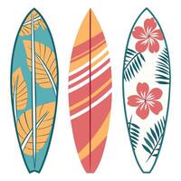 Set of Three Tropical Surfboard Designs with Floral and Leaf Patterns in Flat Style vector