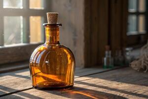 Amber glass bottle stands serenely on a sunlit rustic wooden surface, adding warmth to the scene photo