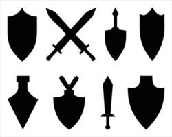 Sword and Shield Silhouette Set Medieval Weapon and Armor Icons for Fantasy and Game Design vector