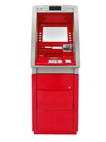 Red ATM, blank white screen for text input, on white background. photo