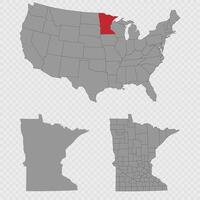 Minnesota map set with USA location, clean outline, and full county breakdown. vector