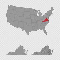 Virginia map set with USA location, clean outline, and full county breakdown. vector