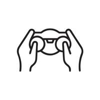 Two hands holding binoculars with fingers visible in a line art drawing vector