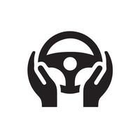 Hands holding a steering wheel depicted in a simple black and white icon vector