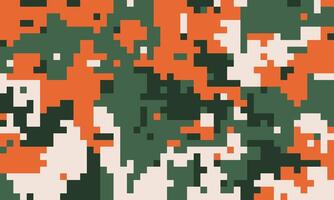 Abstract pixelated camouflage pattern in orange, green, and beige. Ideal for backgrounds, textiles, or digital designs. vector