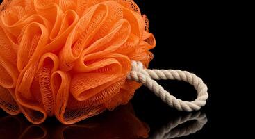Close-up of an Orange Mesh Bath Sponge with a Light Beige Rope H photo