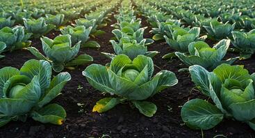 Rows of vibrant green cabbages in a field, bathed in the soft gl photo
