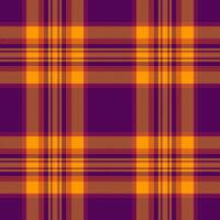 Vibrant orange and purple plaid pattern. Perfect for autumnal designs, textile prints, website backgrounds, or festive projects. This seamless texture evokes warmth and style. vector