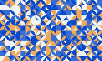 Vibrant geometric pattern featuring interlocking circles and squares in shades of blue and orange. Ideal for backgrounds, website designs, textile prints, and modern branding. vector