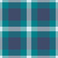 Shape plaid tartan textile, seventies pattern background check. Britain fabric seamless texture in cyan and blue colors. vector