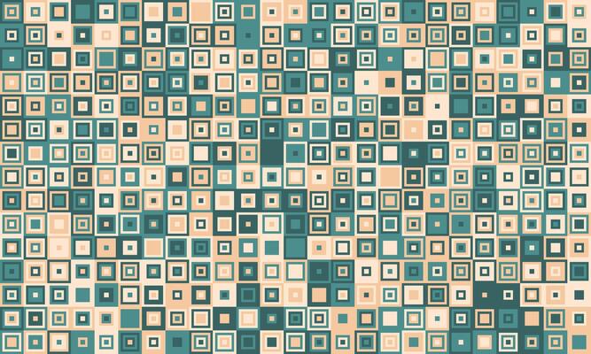 Abstract geometric background featuring a seamless pattern of variedsized squares in muted teal, beige, and cream tones.