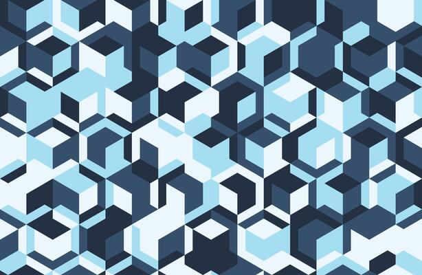 Abstract geometric pattern featuring interlocking cubes in cool blues and dark grays. Ideal for modern designs, technology concepts, or architectural visualizations.