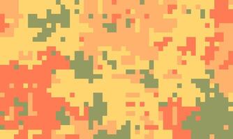Abstract pixelated autumnal camouflage pattern in warm oranges, yellows, and greens. Ideal for backgrounds, textures, or digital art projects. Evokes feelings of fall, nature, and modern design. vector