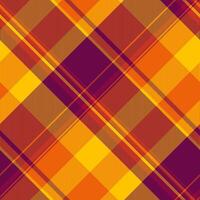 Vibrant autumnal plaid pattern in warm oranges, yellows, and deep purples. Perfect for fallthemed designs, textile prints, or website backgrounds. vector