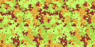 Abstract digital camouflage pattern in lime green, orange, and maroon. Perfect for backgrounds, textiles, or militarythemed designs. vector