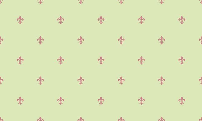 A green and pink wallpaper with small fleur de lis