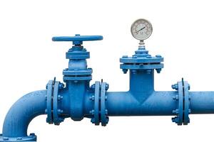 Heavy industry water pipe connector with gate valve pipeline and pressure gauges isolated on white photo
