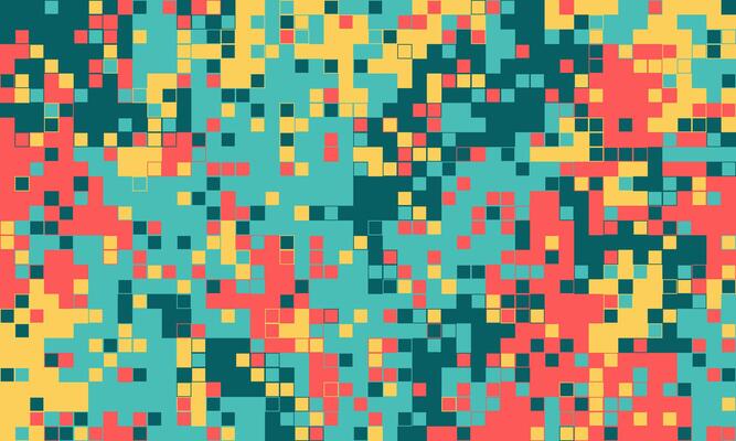 Vibrant abstract pixel art background. A dynamic mosaic of teal, coral, and gold squares creates a modern, energetic visual.