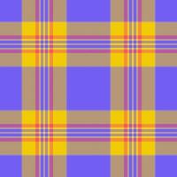 Vibrant plaid pattern in yellow, purple, and taupe on a periwinkle background. Ideal for textile design, website backgrounds, or crafting projects. vector